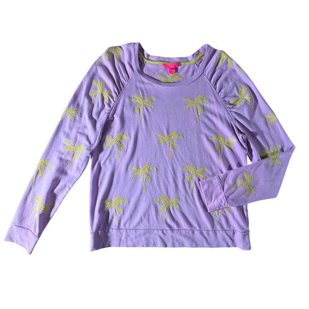 Lilly Pulitzer Sweatshirt Women Large Purple‎ Palm Tree Embroidered Cotton